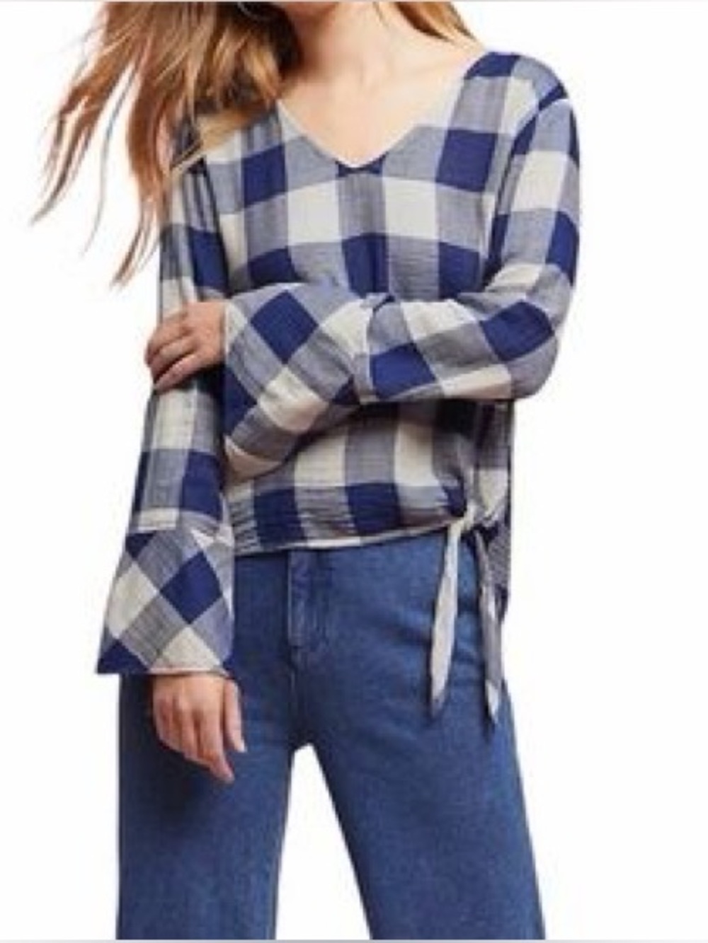 Anthropologie Cloth & Stone Checkered Bell Sleeve Blouse Small
